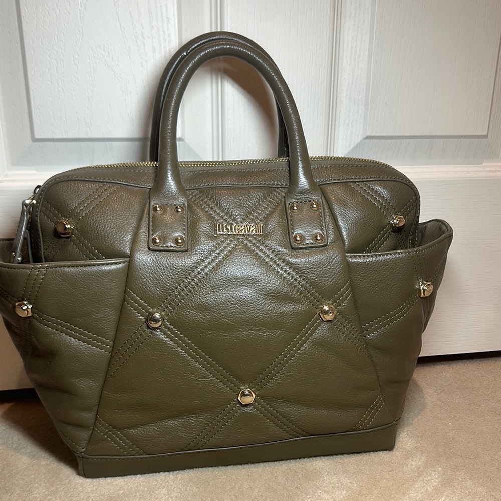 JustCavalli Olive Green Leather Handbag